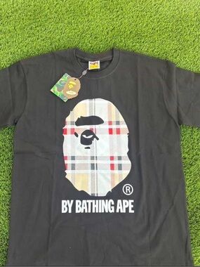 BAPE Black Short-Sleeve Logo Tee with Plaid Ape Graphic